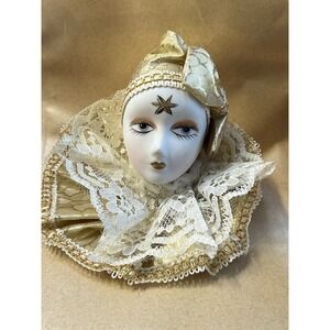 Porcelain Harlequin Doll Head Gold Lame Figurine Joiner.